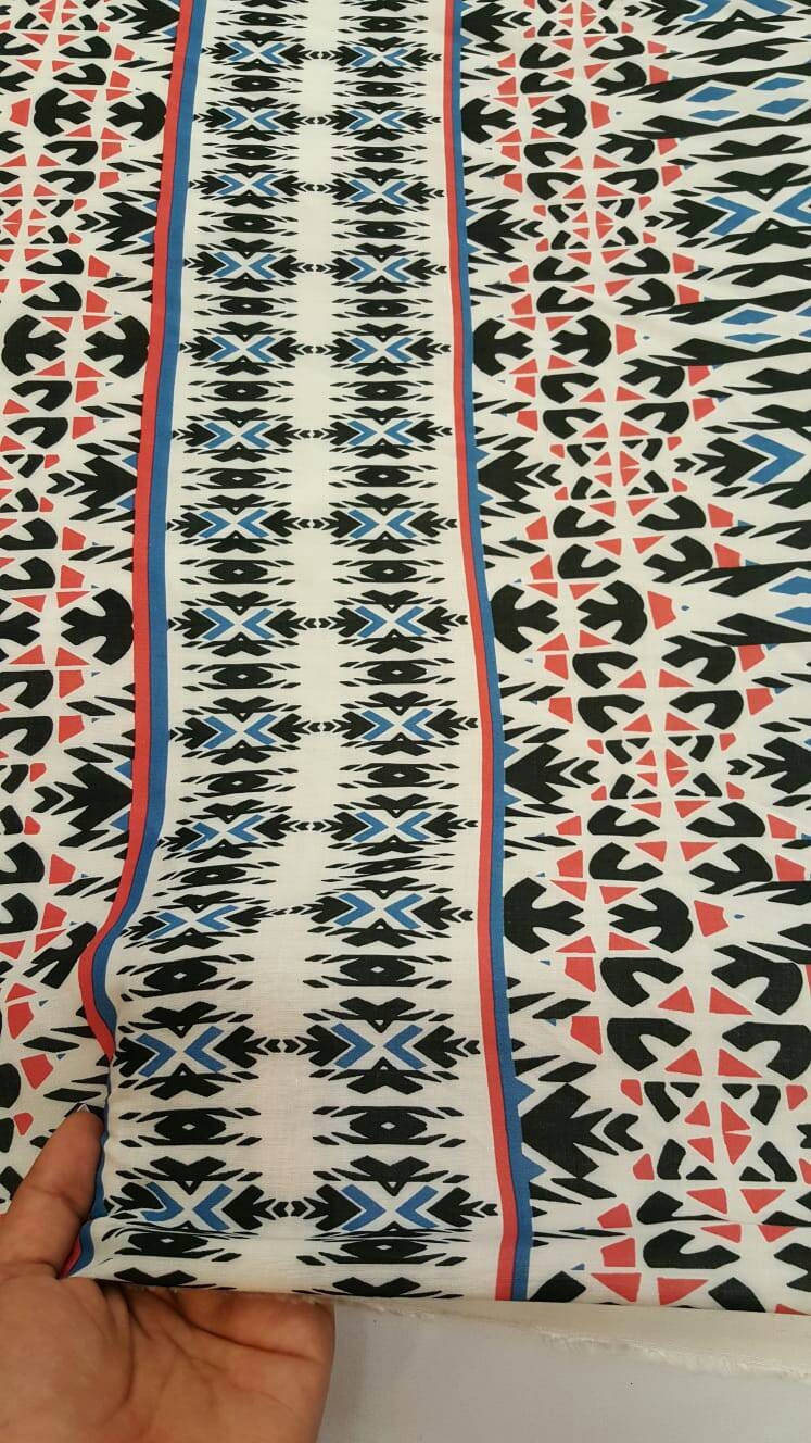 100% Rayon challis Geometric textured blue hues n off whites black fabric sold by the yard soft organic kids dress draping clothing