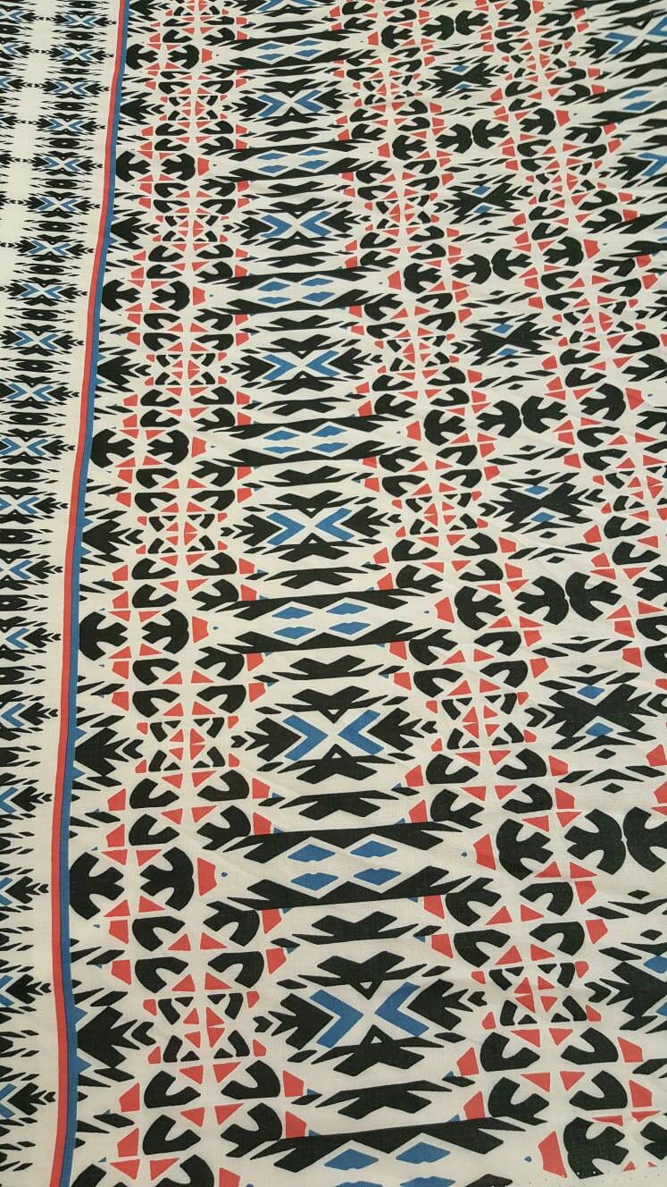 100% Rayon challis Geometric textured blue hues n off whites black fabric sold by the yard soft organic kids dress draping clothing