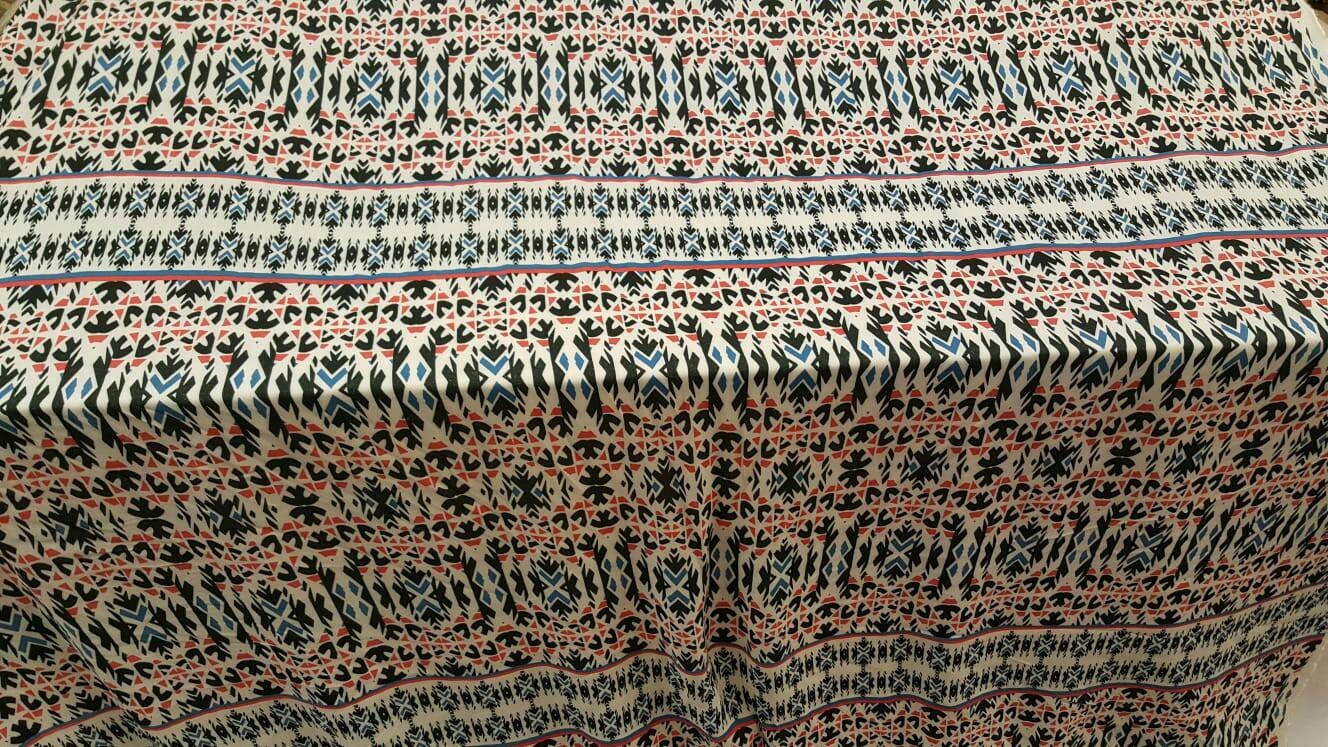 100% Rayon challis Geometric textured blue hues n off whites black fabric sold by the yard soft organic kids dress draping clothing