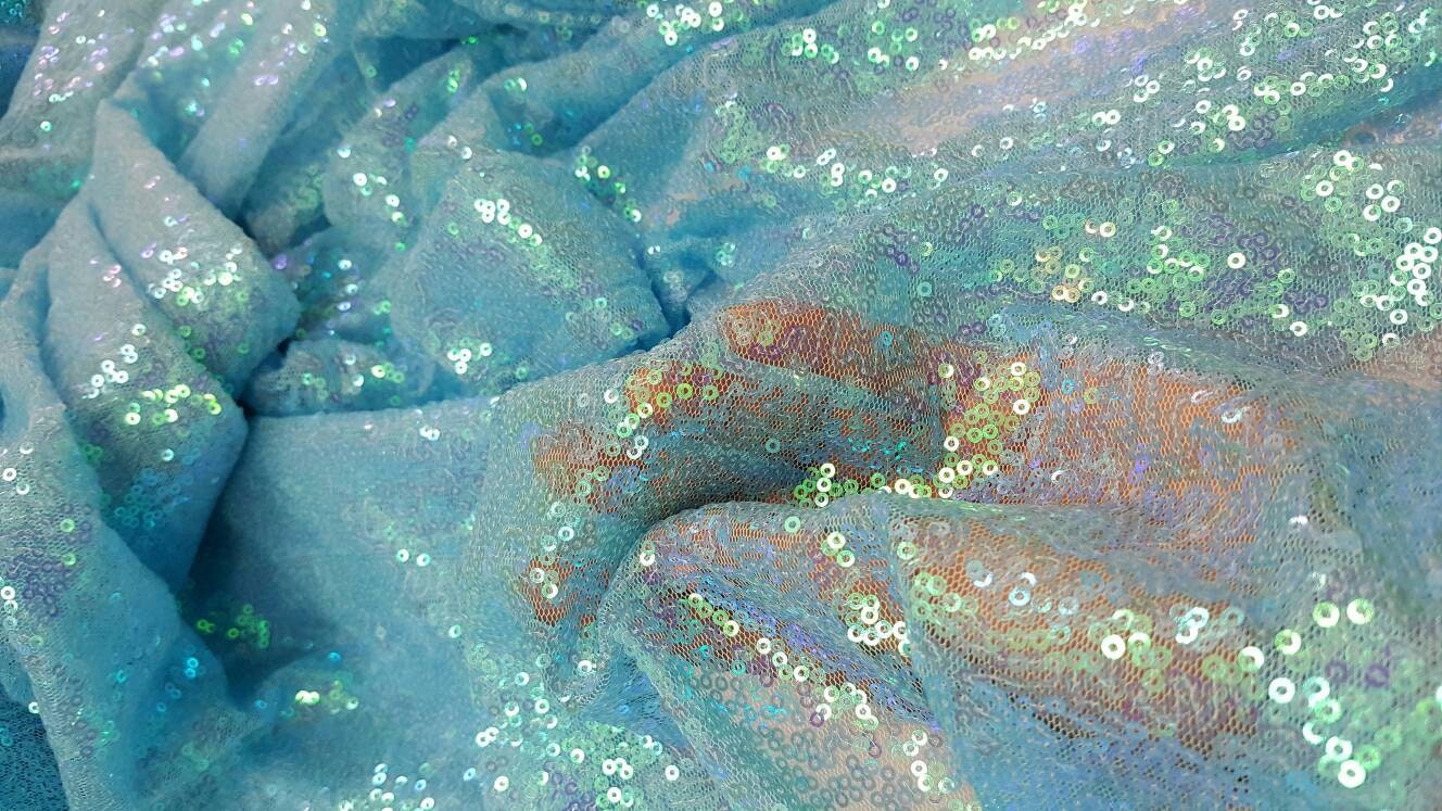 Sky Blue Iridescent Sequin Fabric sold by The Yard, Sequin Fabric, Tablecloth, Linen, Sequin Tablecloth, Table Runner rainbow iridescent