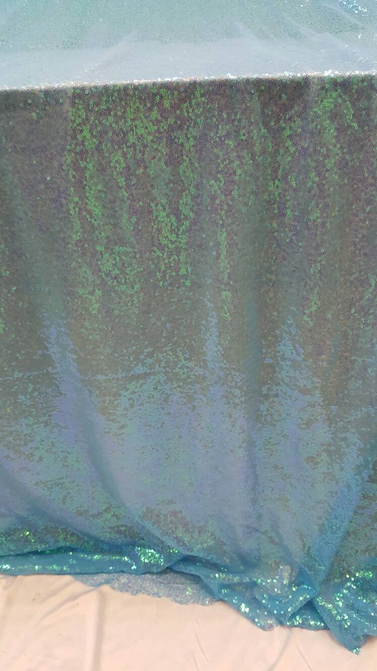 Sky Blue Iridescent Sequin Fabric sold by The Yard, Sequin Fabric, Tablecloth, Linen, Sequin Tablecloth, Table Runner rainbow iridescent
