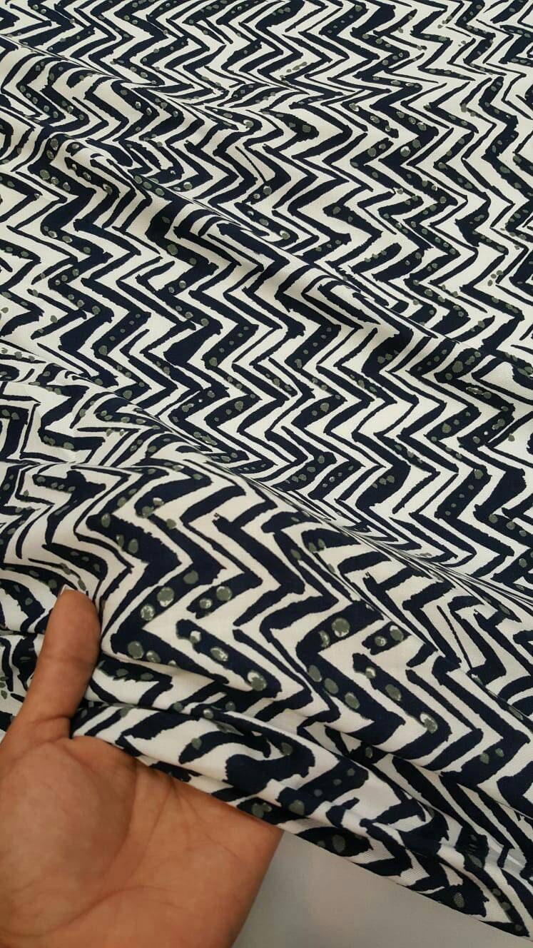 100% Rayon challis Navy blue chevron w grey dots Off white background fabric sold by the yard soft flowy organic kids dress draping clothing