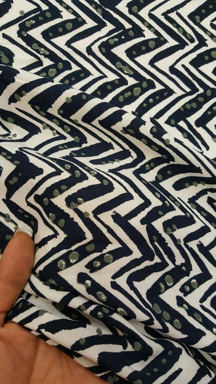 100% Rayon challis Navy blue chevron w grey dots Off white background fabric sold by the yard soft flowy organic kids dress draping clothing