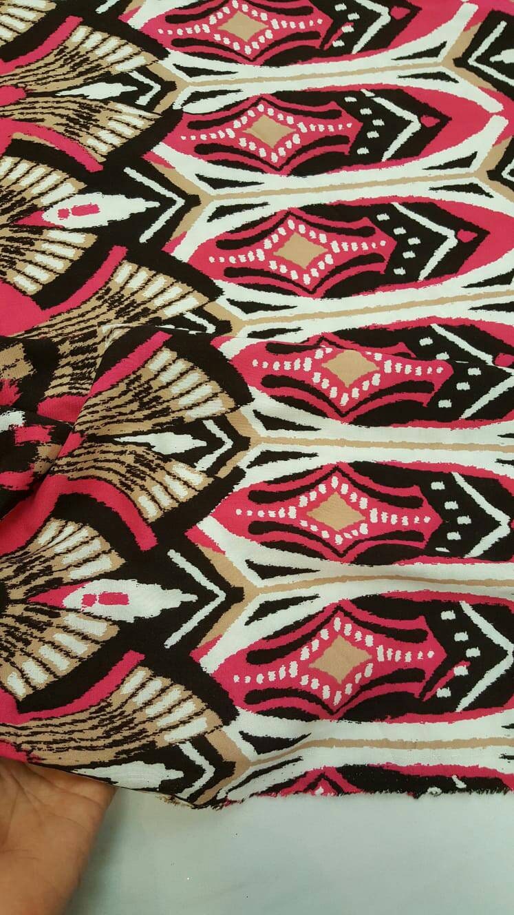 Rayon challis Egyptian print Magenta, Black and Tan pattern Fabric sold by the yard soft organic flowy fabric dress Draping decoration