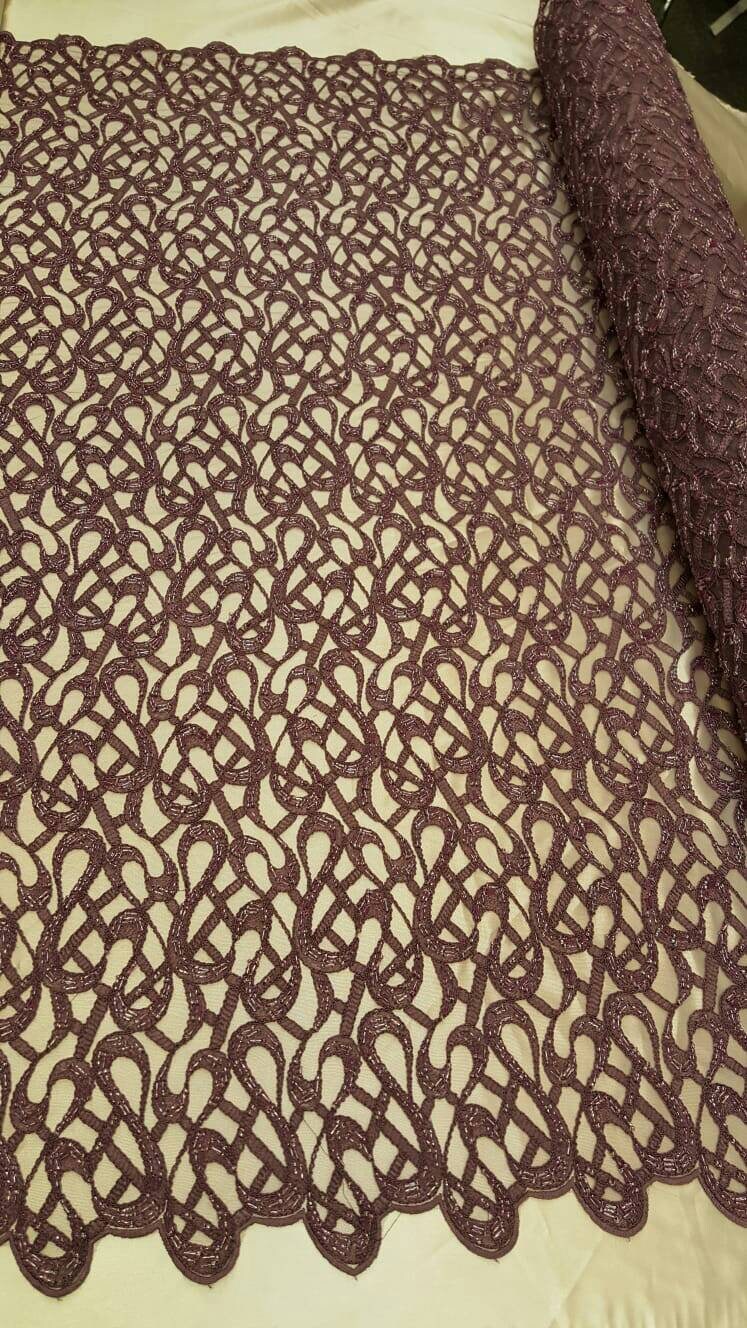Mauve Hand Beaded Lace Geometric Embroidered on Mesh Gown Prom Fabric Sold by the Yard Evening dress Bridal Quinceañera Sweet 16 Gown