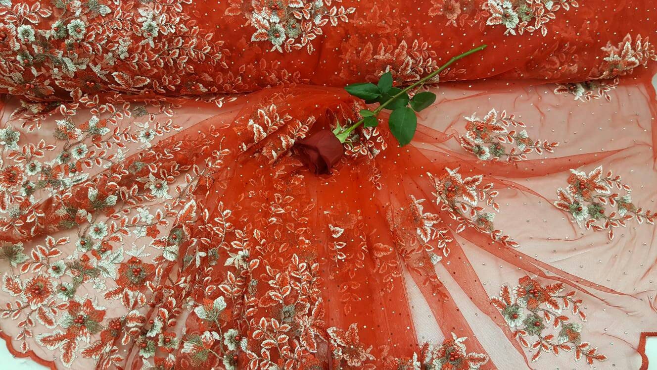 Red lace Floral Flowers Pearls and Rinesthone on Mesh Fabric Sold by the Yard Gown Quinceañera Bridal Prom Fashion lace