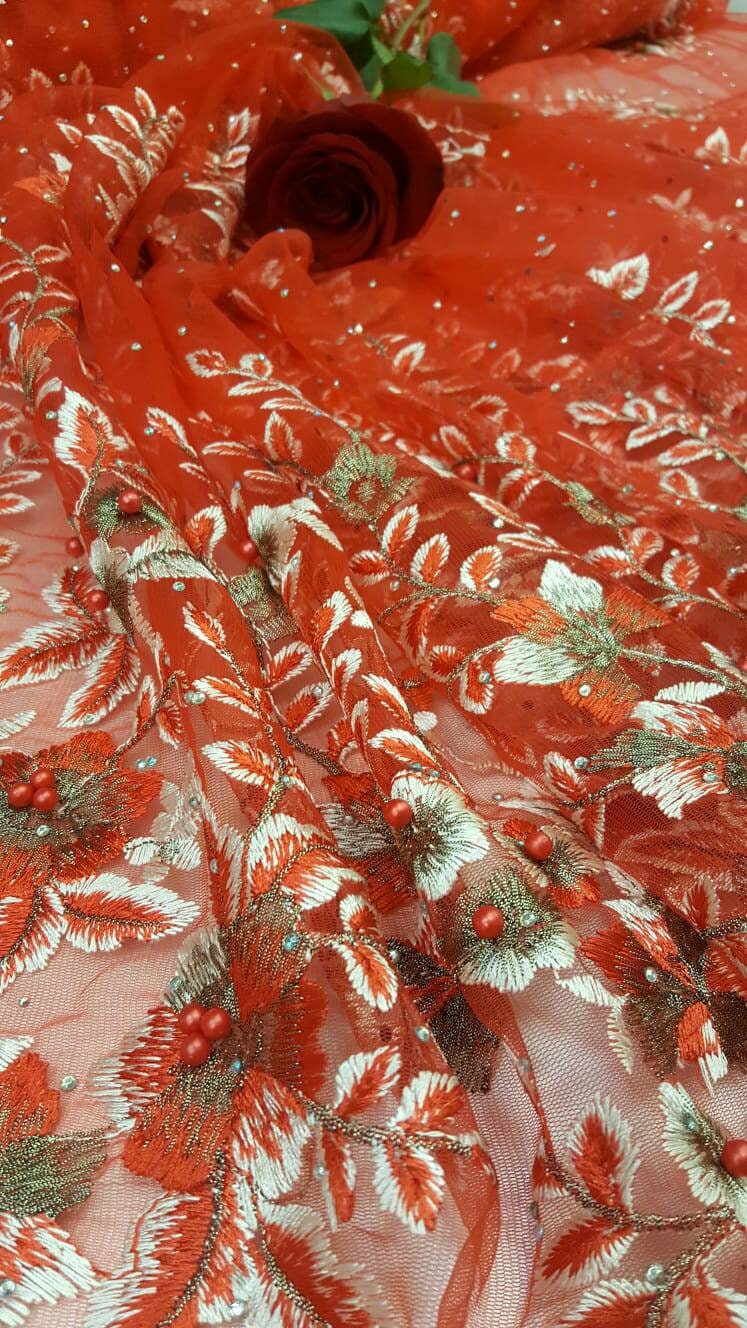 Red lace Floral Flowers Pearls and Rinesthone on Mesh Fabric Sold by the Yard Gown Quinceañera Bridal Prom Fashion lace