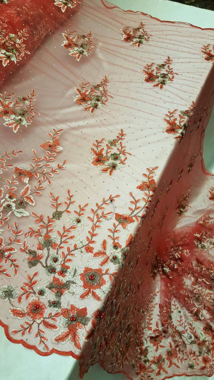 Coral Lace Embroidered Flowers Floral Pearls Rhinestone On Mesh Prom Fabric Sold By The Yard Gown Quinceañera Bridal Fashion