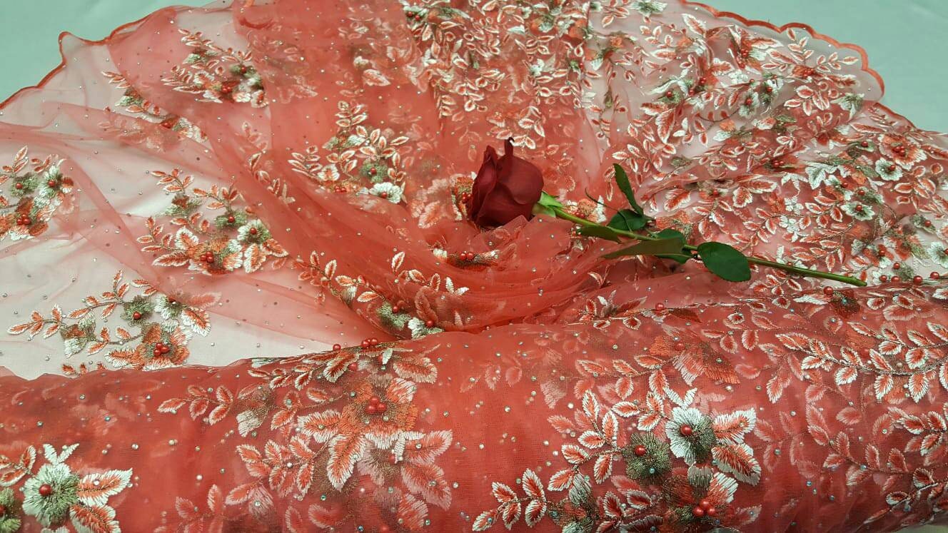 Coral Lace Embroidered Flowers Floral Pearls Rhinestone On Mesh Prom Fabric Sold By The Yard Gown Quinceañera Bridal Fashion