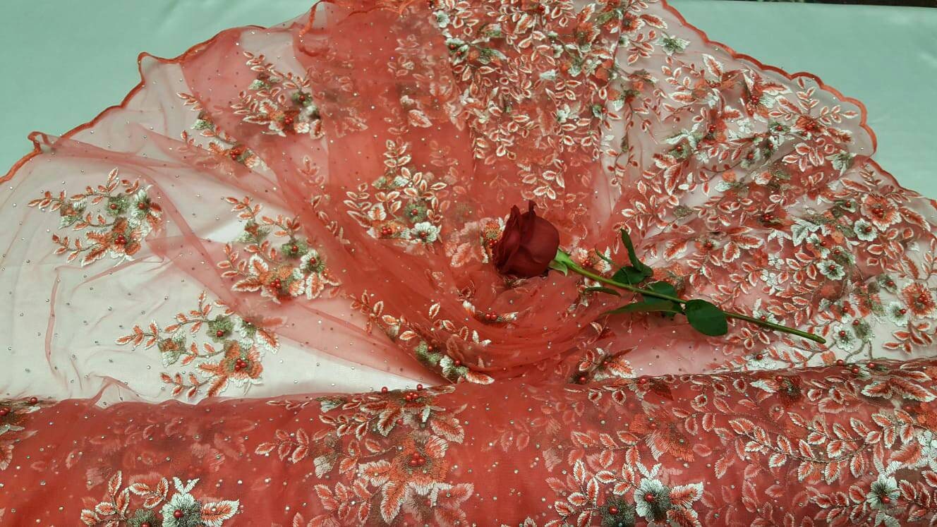 Coral Lace Embroidered Flowers Floral Pearls Rhinestone On Mesh Prom Fabric Sold By The Yard Gown Quinceañera Bridal Fashion