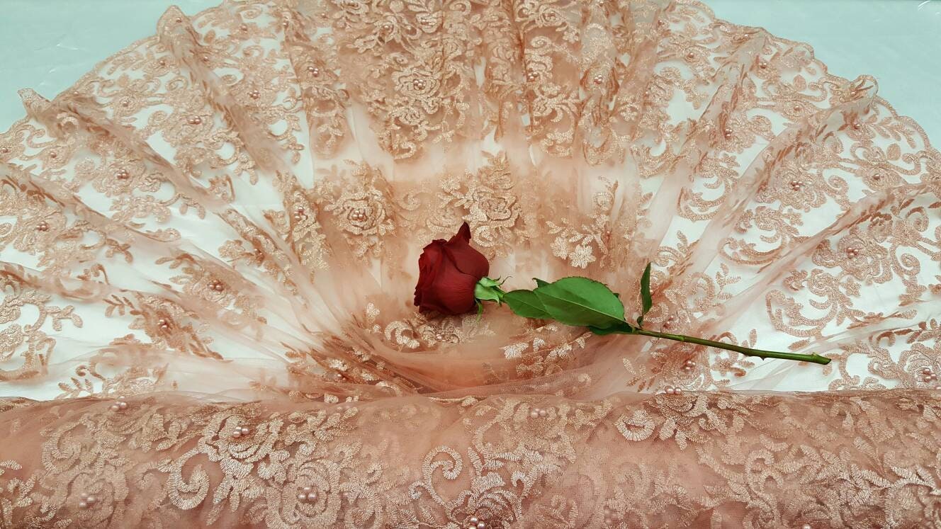Peach Embroidery Lace Floral Flowers Pearls On Mesh Prom Fabric Sold By The Yard Gown Quinceañera Bridal Decoration Draping