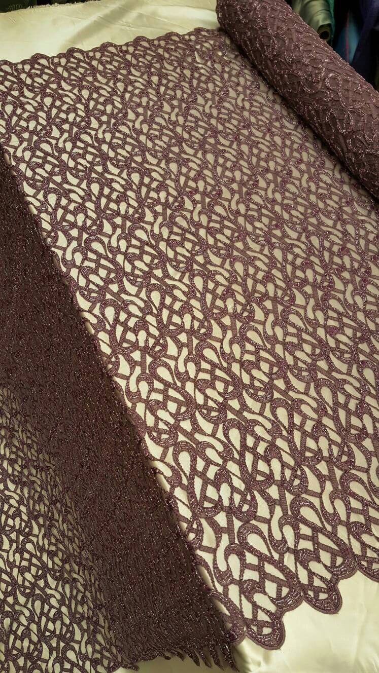 Mauve Hand Beaded Lace Geometric Embroidered on Mesh Gown Prom Fabric Sold by the Yard Evening dress Bridal Quinceañera Sweet 16 Gown