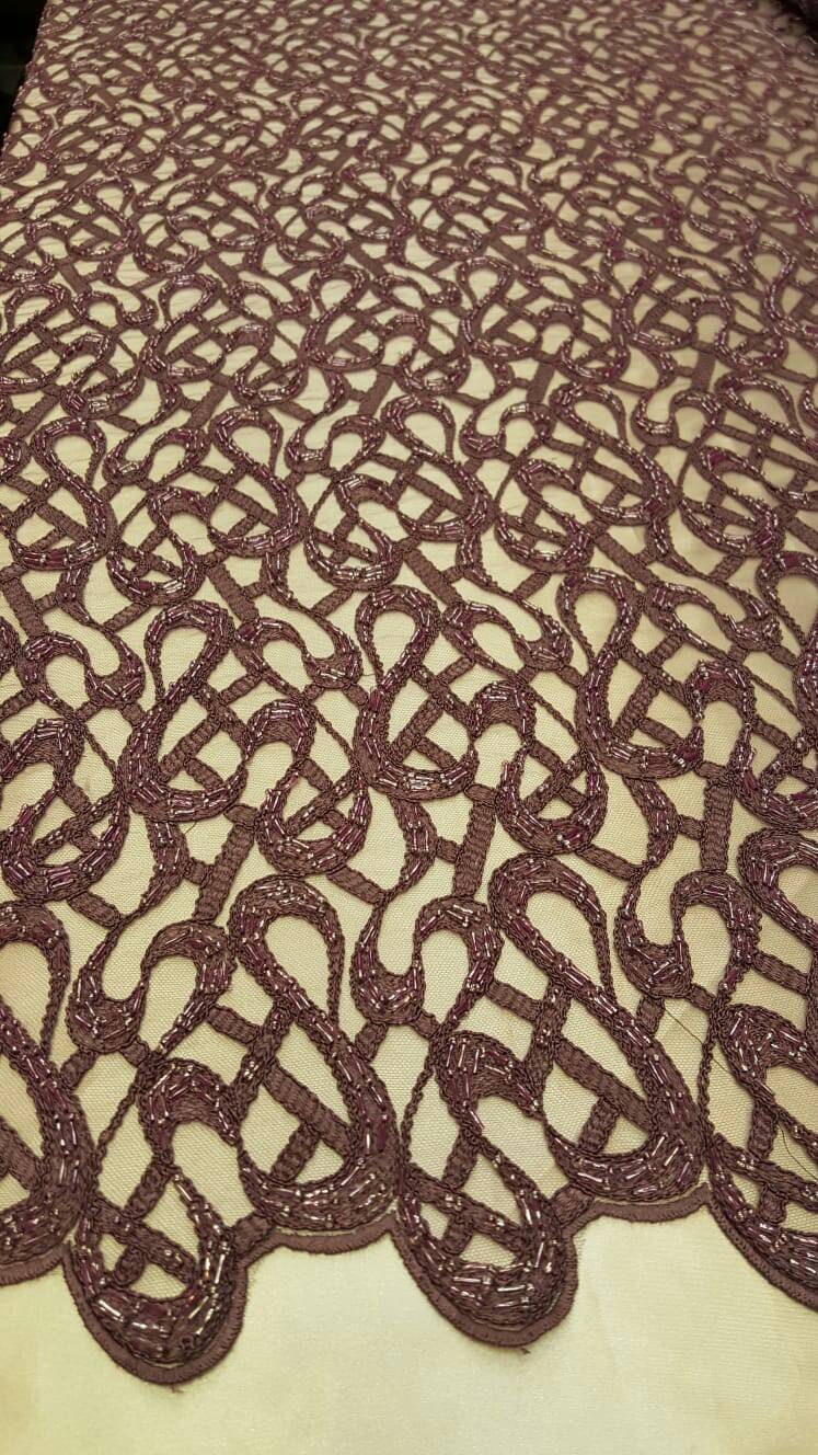 Mauve Hand Beaded Lace Geometric Embroidered on Mesh Gown Prom Fabric Sold by the Yard Evening dress Bridal Quinceañera Sweet 16 Gown