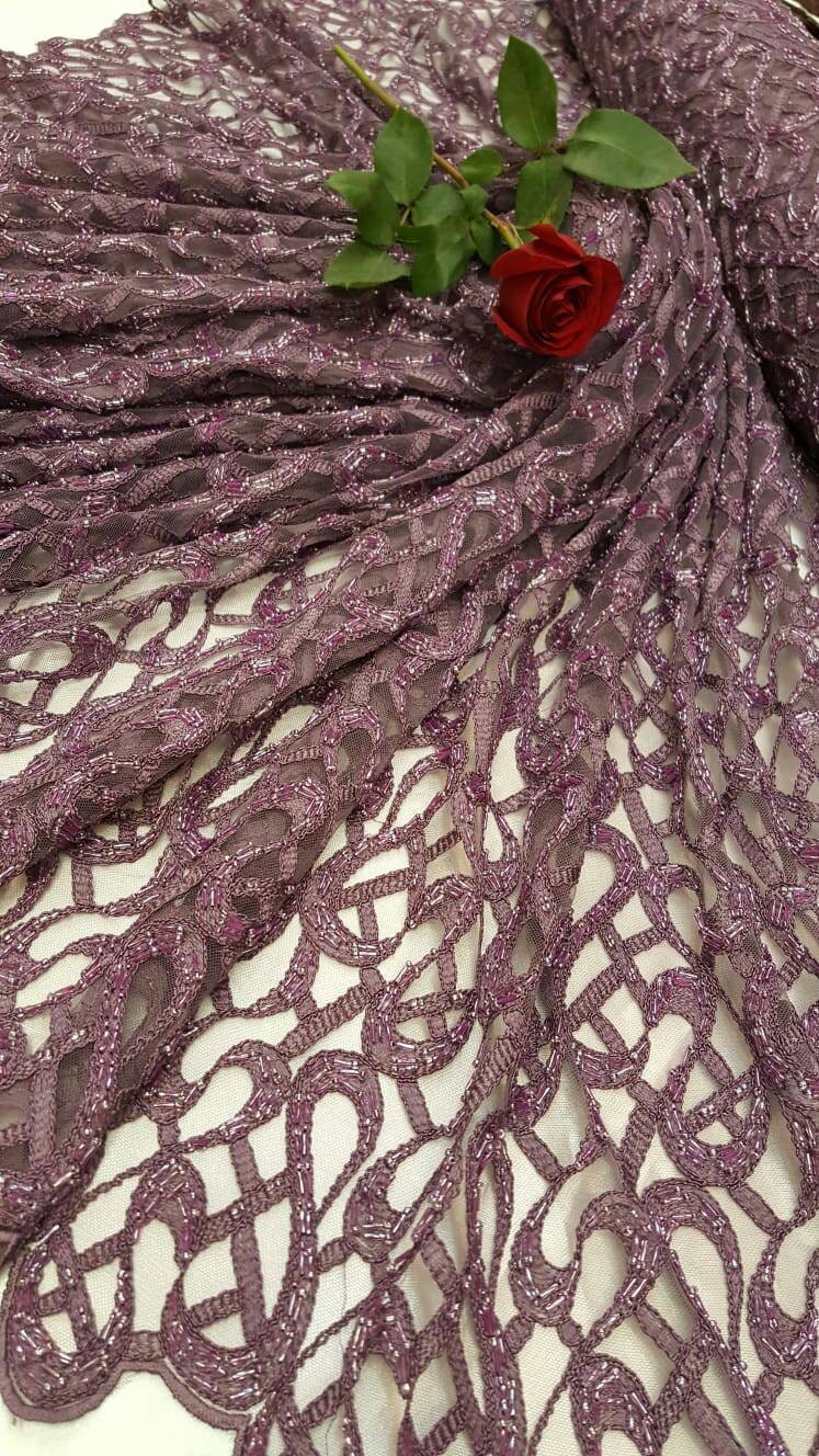 Mauve Hand Beaded Lace Geometric Embroidered on Mesh Gown Prom Fabric Sold by the Yard Evening dress Bridal Quinceañera Sweet 16 Gown