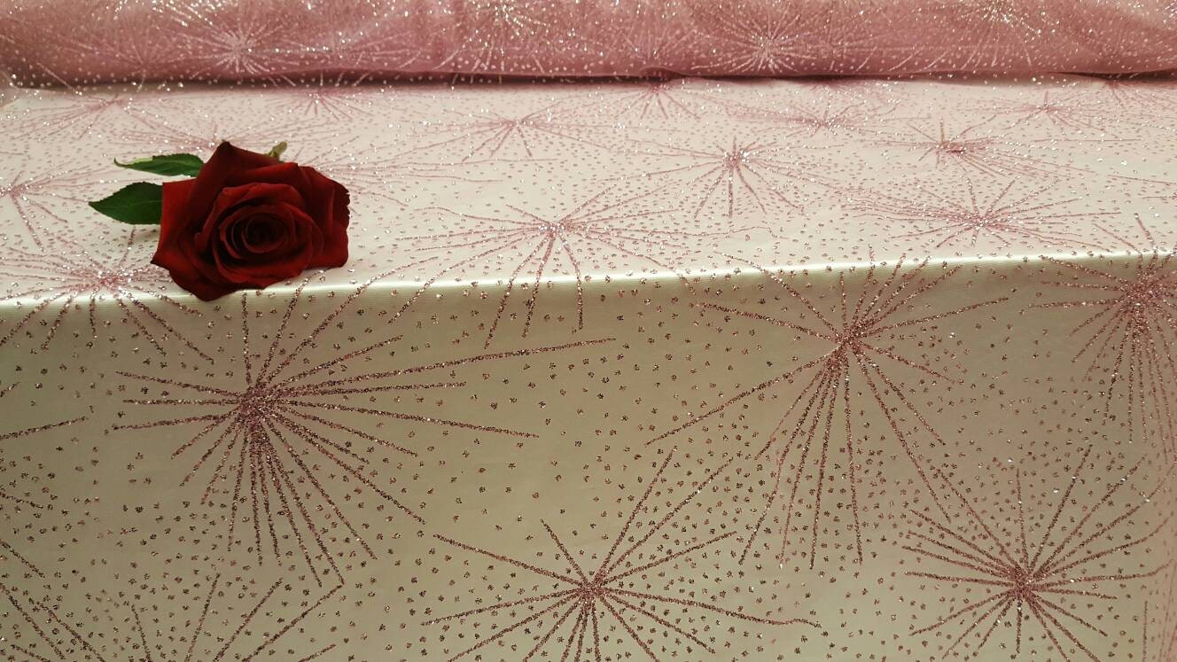 Pink Glitter Lace Stars Sparkly Fabric Sold by the Yard Gown Quinceañera Bridal Decoration Draping Table Cloths Shine