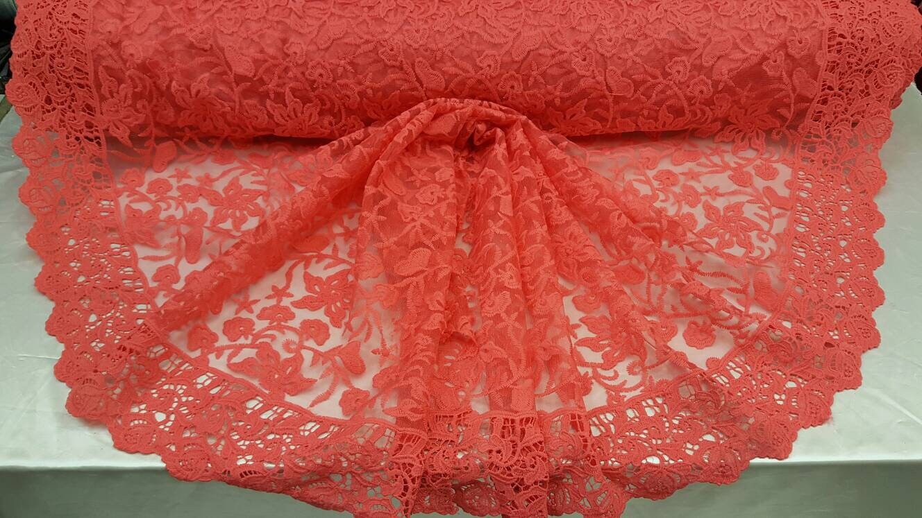 Coral Embroidery Lace Double Scalloped Prom Fabric Sold By The Yard Floral Flowers On Mesh Bridal Fashion Tablecloth Decoratio