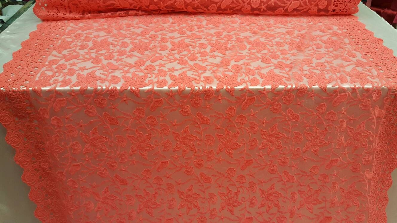 Coral Embroidery Lace Double Scalloped Prom Fabric Sold By The Yard Floral Flowers On Mesh Bridal Fashion Tablecloth Decoratio