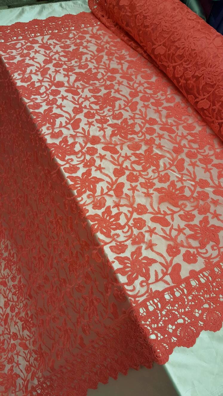 Coral Embroidery Lace Double Scalloped Prom Fabric Sold By The Yard Floral Flowers On Mesh Bridal Fashion Tablecloth Decoratio