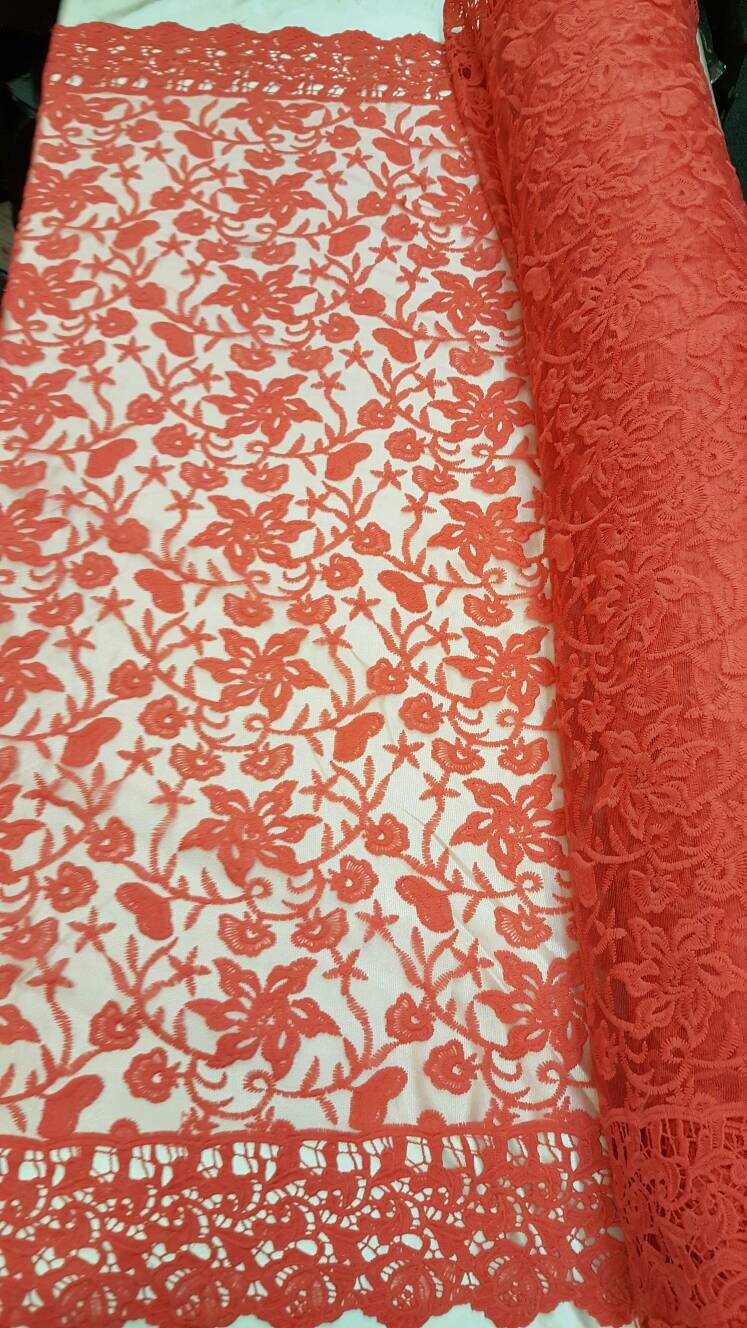 Coral Embroidery Lace Double Scalloped Prom Fabric Sold By The Yard Floral Flowers On Mesh Bridal Fashion Tablecloth Decoratio