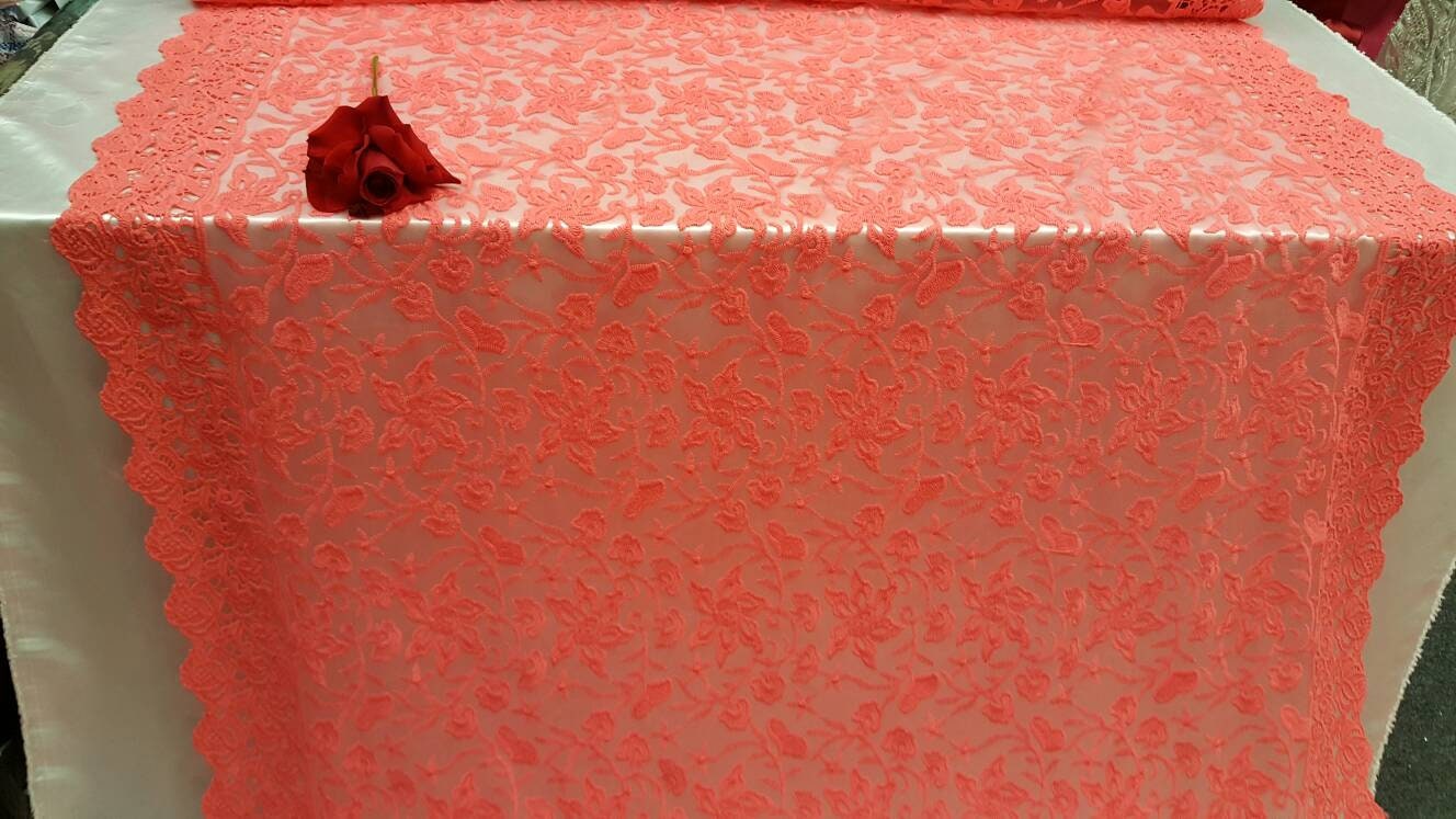 Coral Embroidery Lace Double Scalloped Prom Fabric Sold By The Yard Floral Flowers On Mesh Bridal Fashion Tablecloth Decoratio