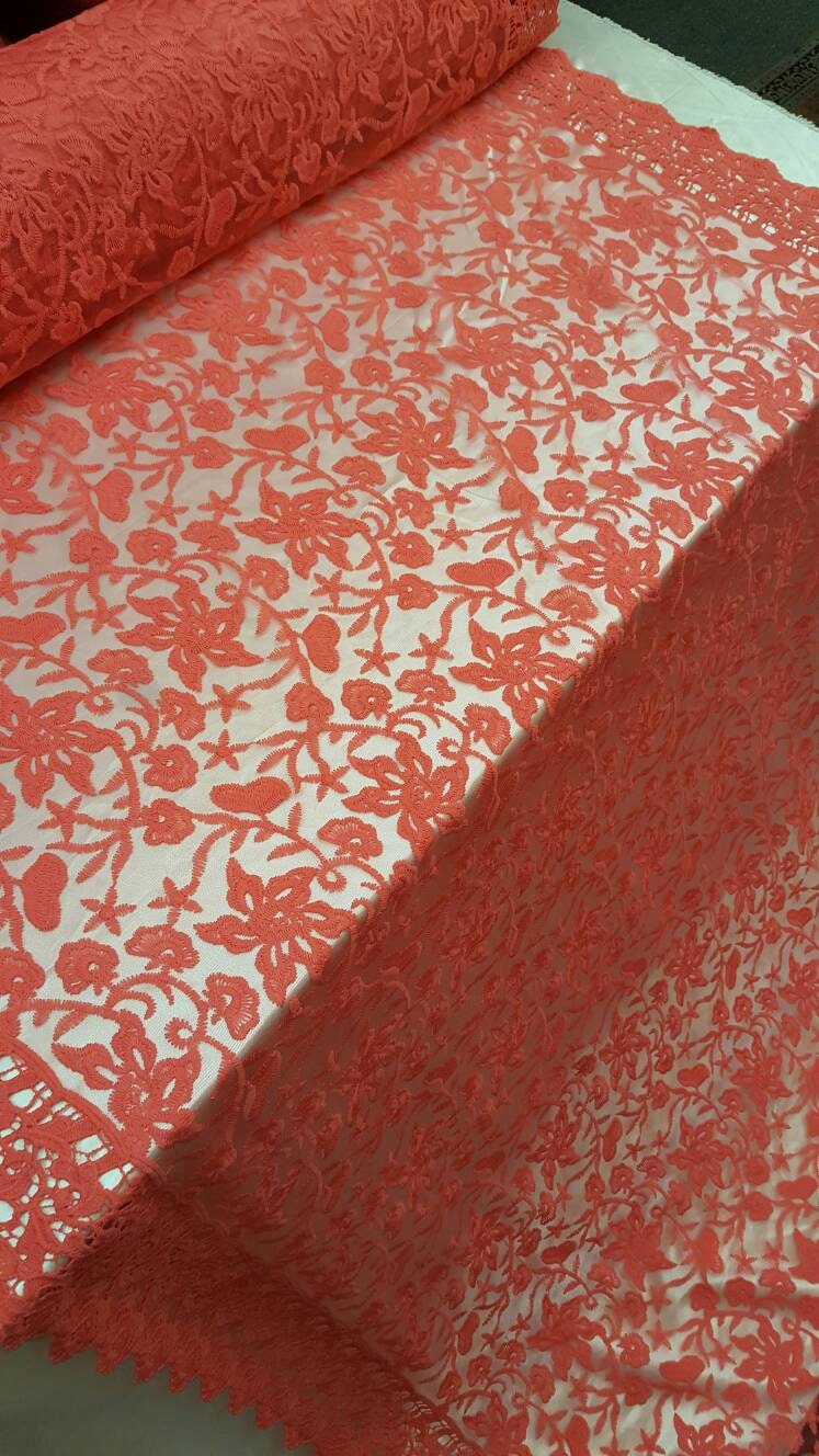 Coral Embroidery Lace Double Scalloped Prom Fabric Sold By The Yard Floral Flowers On Mesh Bridal Fashion Tablecloth Decoratio
