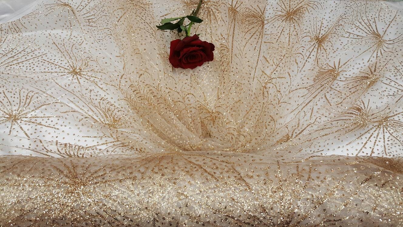 Gold Glitter Lace Stars Sparkly Prom Fabric Sold By The Yard Fashion Lace Quinceañera Bridal Evening Dress Shine New Gown Draping