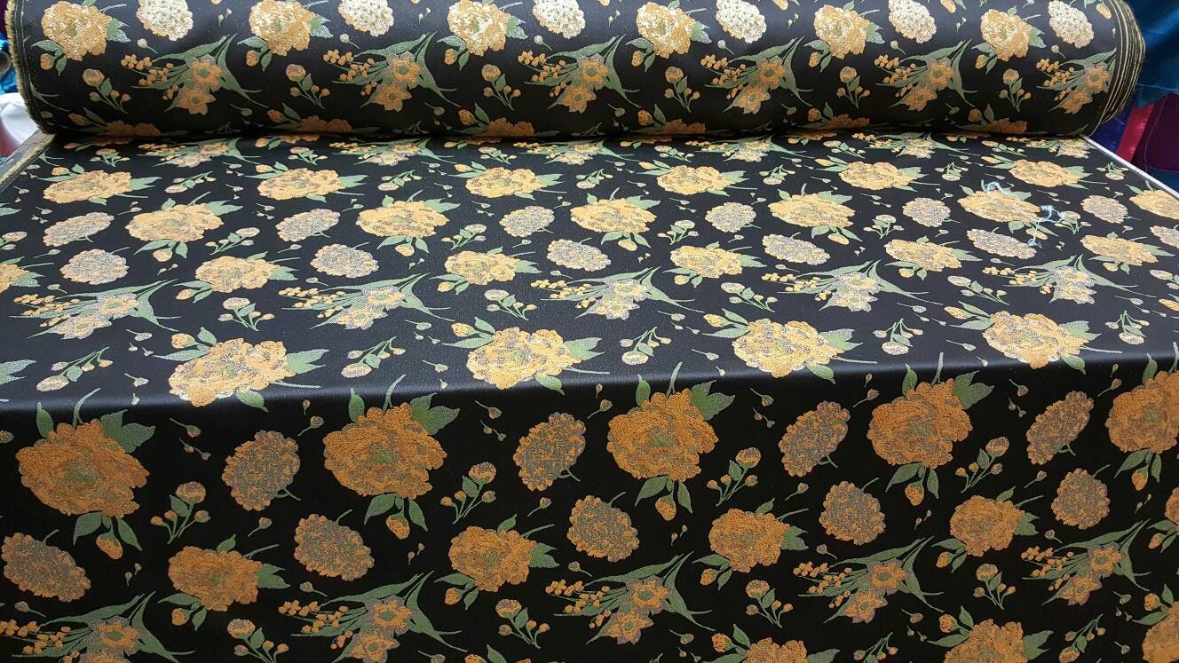 Black & Gold Floral Brocade Jacquard Fabric - Sold by Yard - Gown, Prom, Bridal Dress