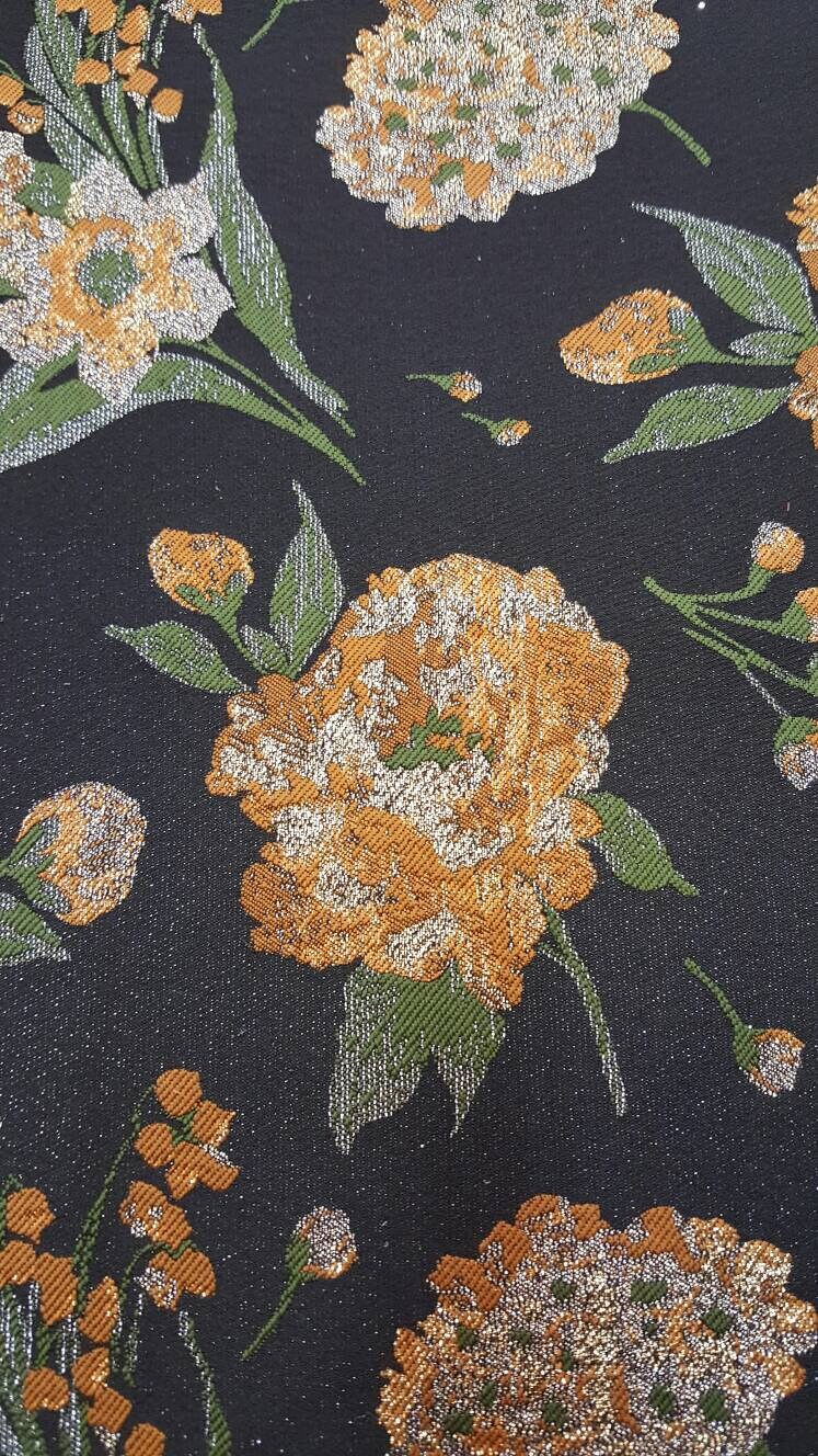 Black & Gold Floral Brocade Jacquard Fabric - Sold by Yard - Gown, Prom, Bridal Dress