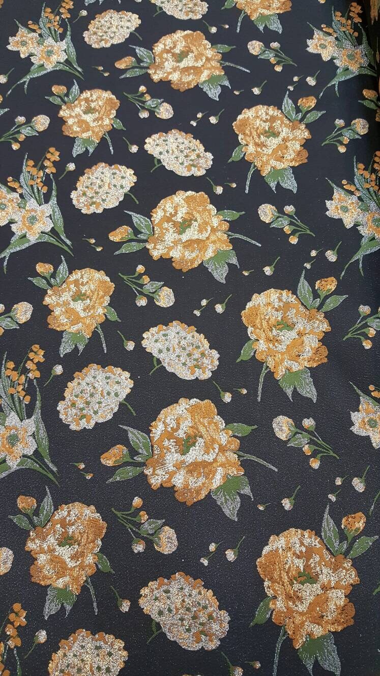 Black & Gold Floral Brocade Jacquard Fabric - Sold by Yard - Gown, Prom, Bridal Dress