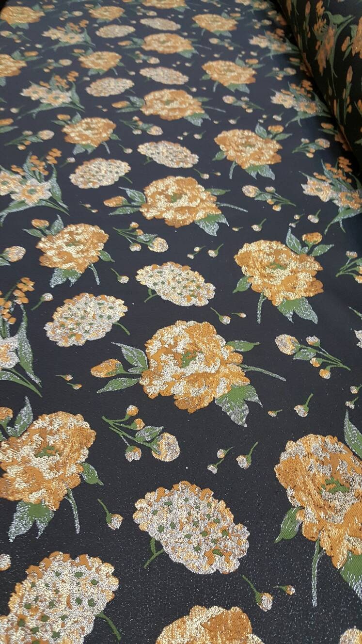 Black & Gold Floral Brocade Jacquard Fabric - Sold by Yard - Gown, Prom, Bridal Dress