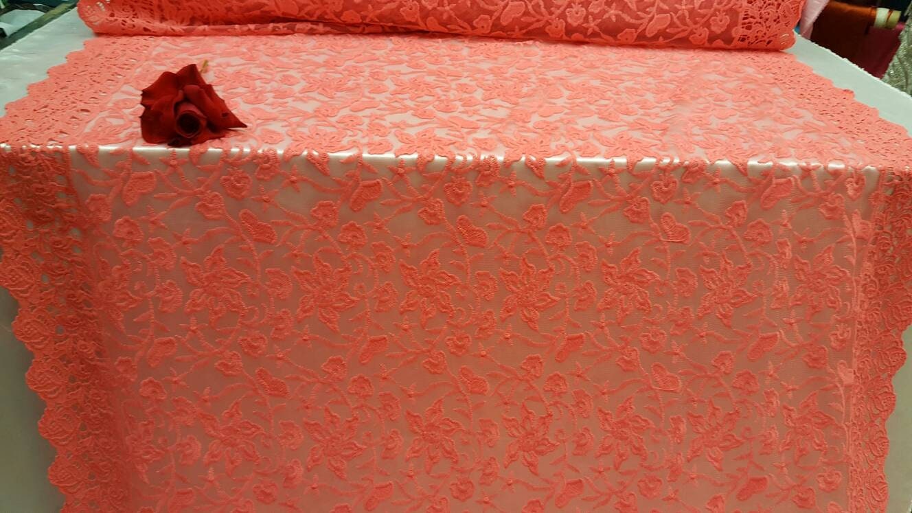 Coral Embroidery Lace Double Scalloped Prom Fabric Sold By The Yard Floral Flowers On Mesh Bridal Fashion Tablecloth Decoratio