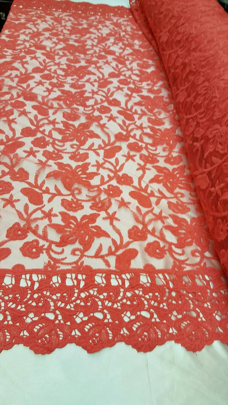 Coral Embroidery Lace Double Scalloped Prom Fabric Sold By The Yard Floral Flowers On Mesh Bridal Fashion Tablecloth Decoratio