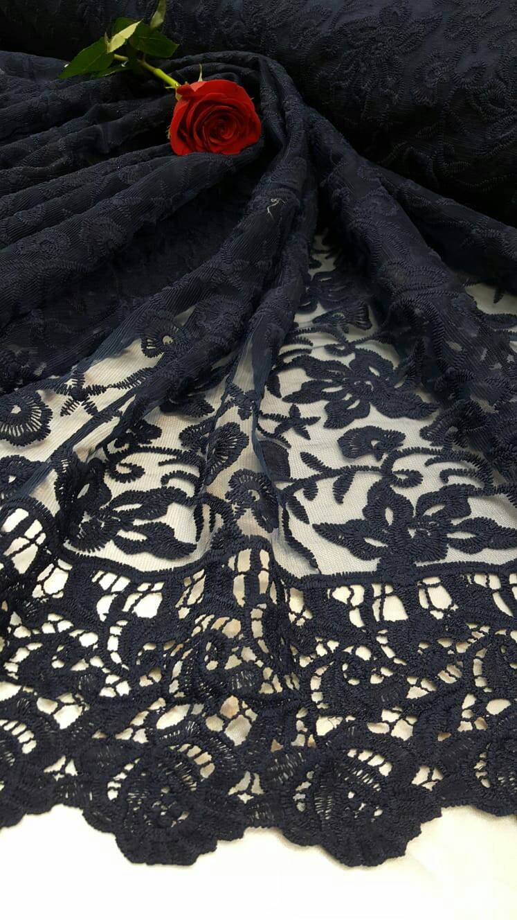 Navy Blue Lace Embroidery Floral Flowers Double Scalloped Guipure on Mesh Prom Fabric Sold By The Yard Gown Quinceañera Bridal Evening Dress
