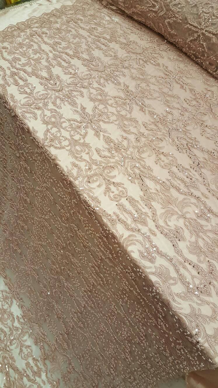 Dusty Rose Hand Beaded Lace Fabric By The Yard Damask Pattern Quinceañera Dress Bridal Evening Gown Fashion Beaded Lace Geometric