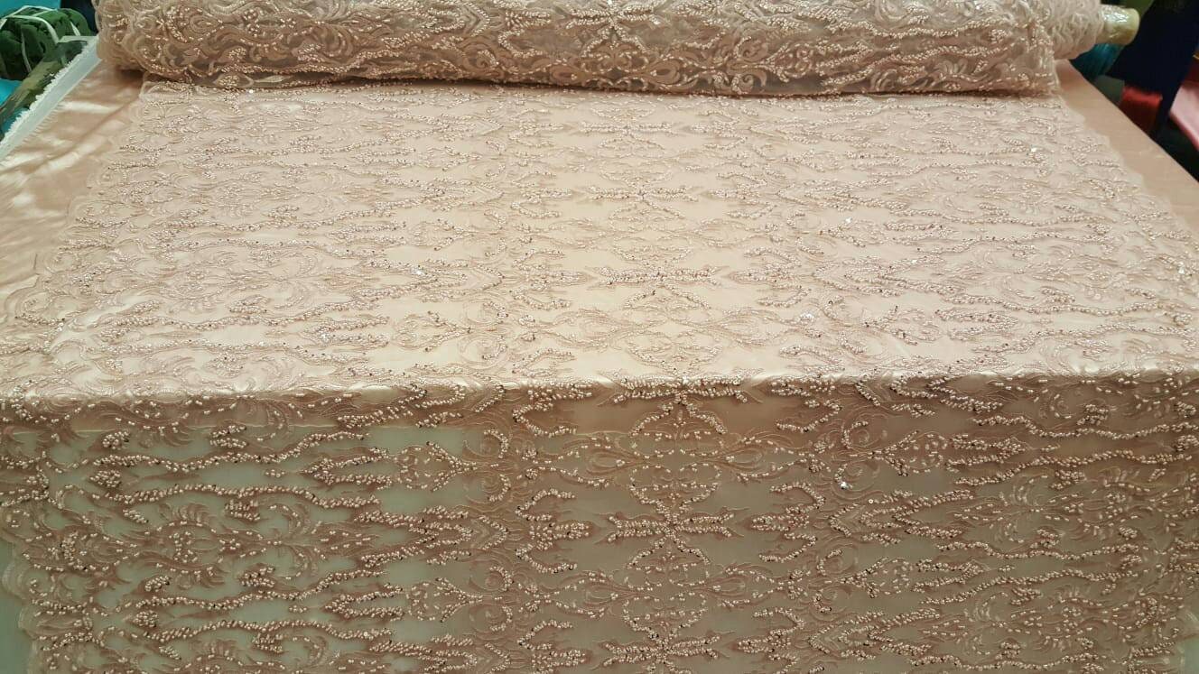 Dusty Rose Hand Beaded Lace Fabric By The Yard Damask Pattern Quinceañera Dress Bridal Evening Gown Fashion Beaded Lace Geometric