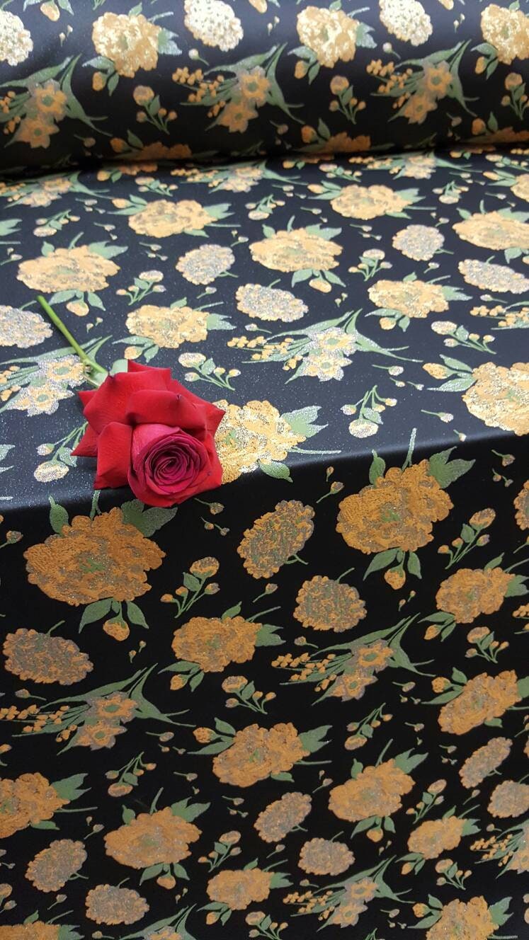 Black & Gold Floral Brocade Jacquard Fabric - Sold by Yard - Gown, Prom, Bridal Dress