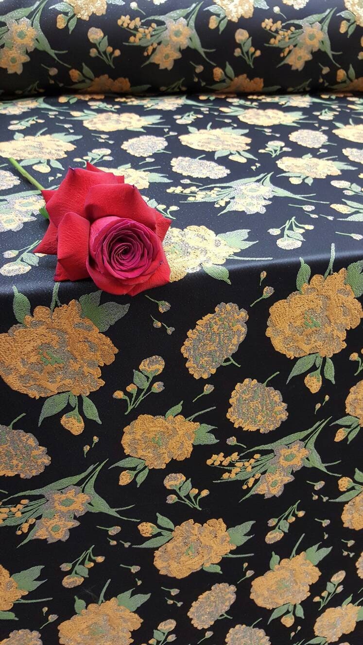 Black & Gold Floral Brocade Jacquard Fabric - Sold by Yard - Gown, Prom, Bridal Dress