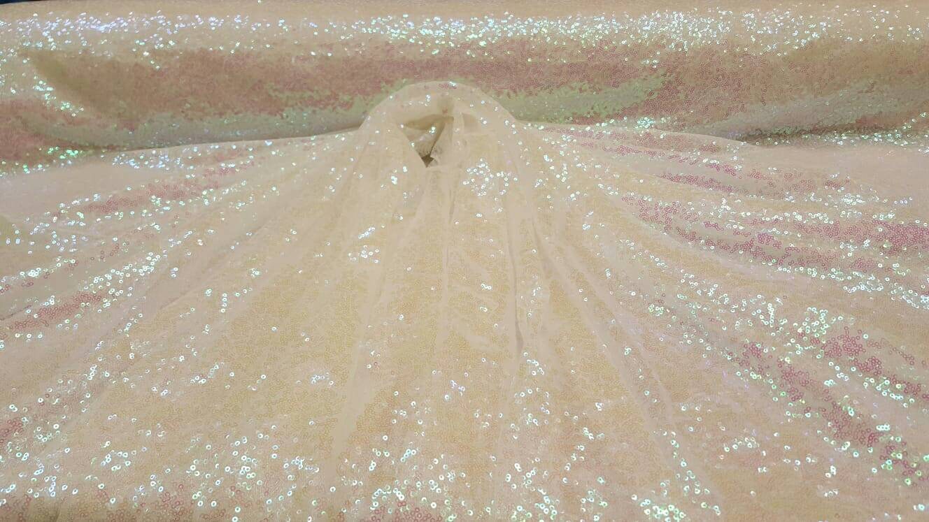 White Iridescent Sequin 58 Hologram Fabric Sold by the Yard Gown Quinceañera Bridal Evening Dress Gorgeous Draping clothing Tablecloth