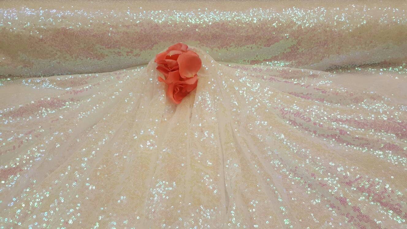 White Iridescent Sequin 58 Hologram Fabric Sold by the Yard Gown Quinceañera Bridal Evening Dress Gorgeous Draping clothing Tablecloth