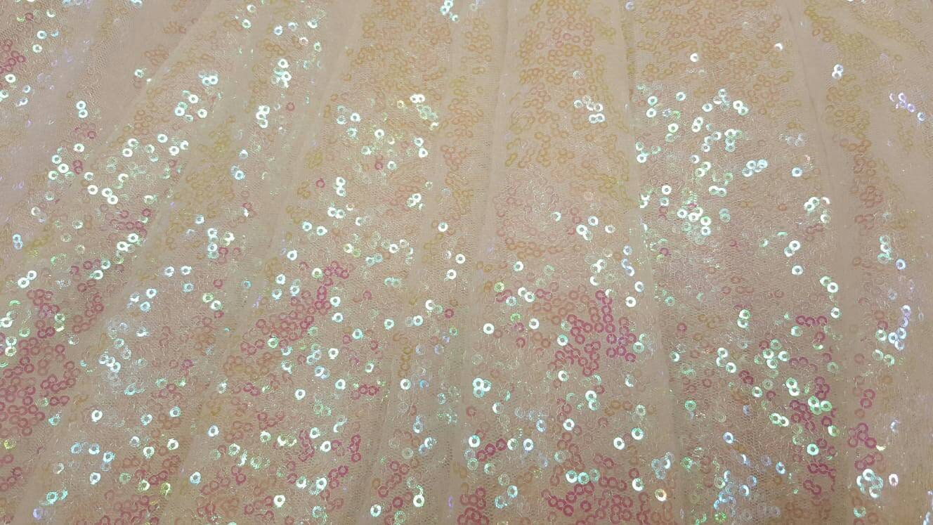 White Iridescent Sequin 58 Hologram Fabric Sold by the Yard Gown Quinceañera Bridal Evening Dress Gorgeous Draping clothing Tablecloth
