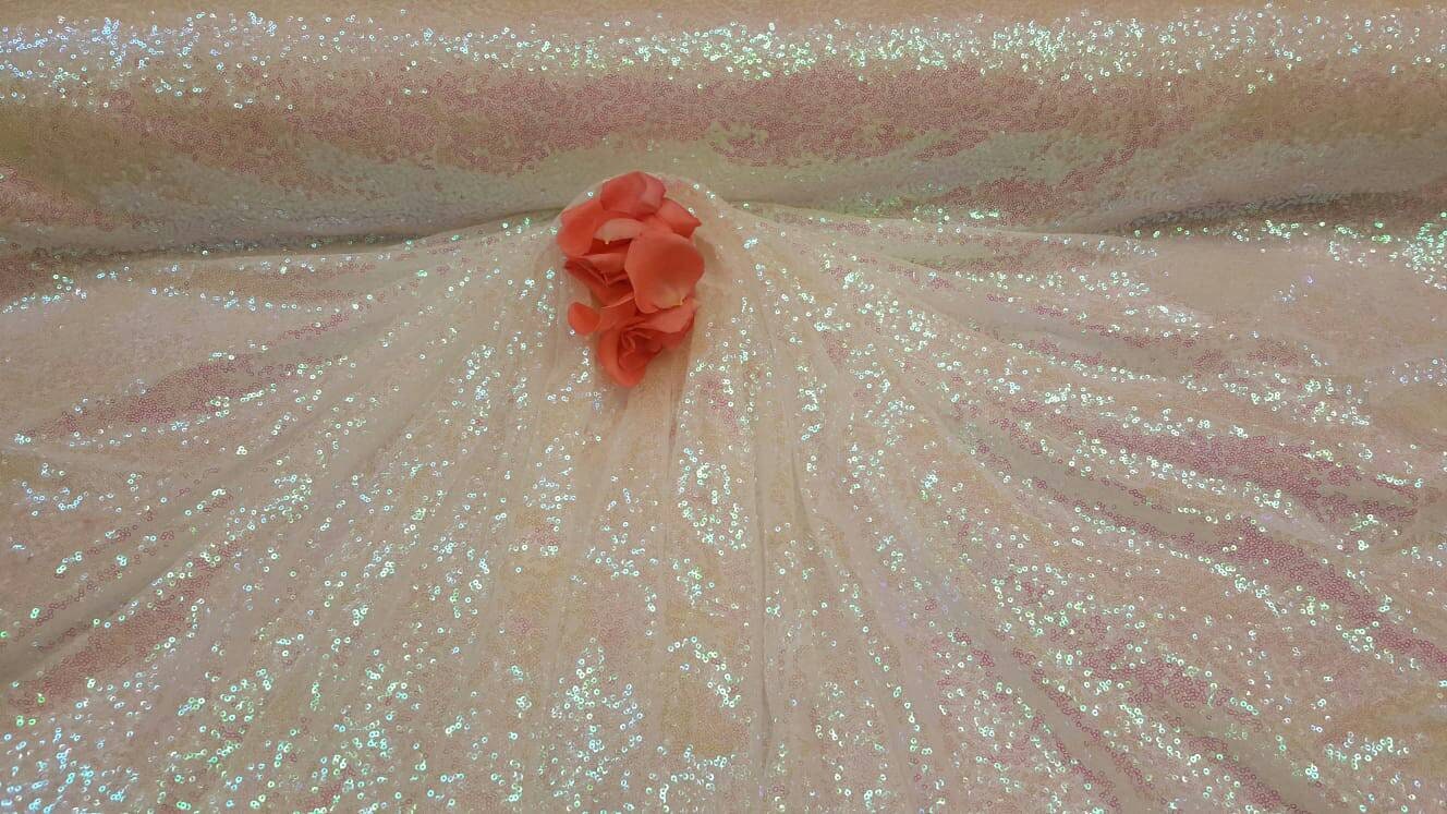 White Iridescent Sequin 58 Hologram Fabric Sold by the Yard Gown Quinceañera Bridal Evening Dress Gorgeous Draping clothing Tablecloth