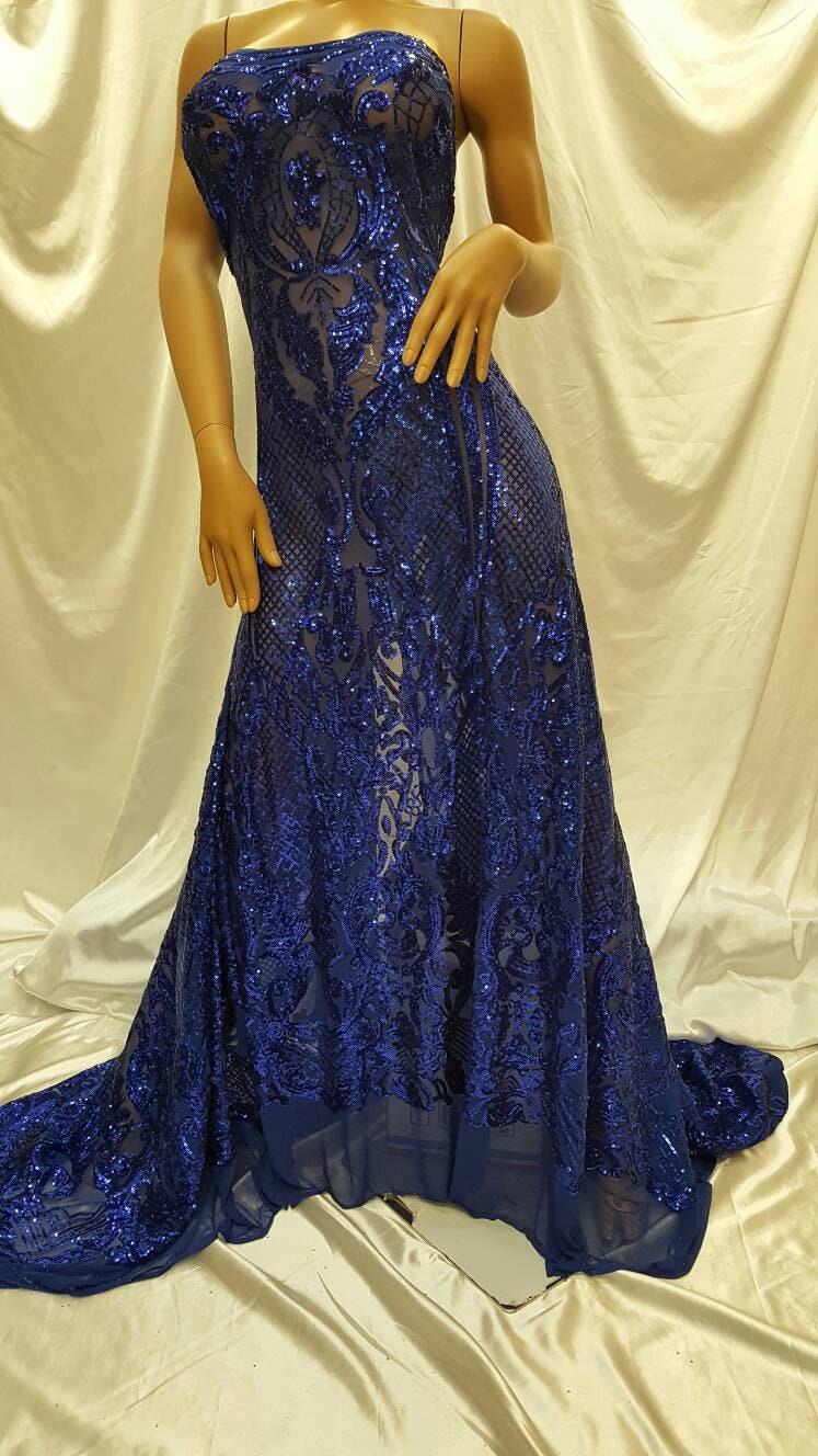 Royal Blue Sequin Lace On Stretch Mesh Prom Fabric Sold By The Yard Vintage Pattern Victoriana Egg Geometric Fashion Dress Bridal Evening Go