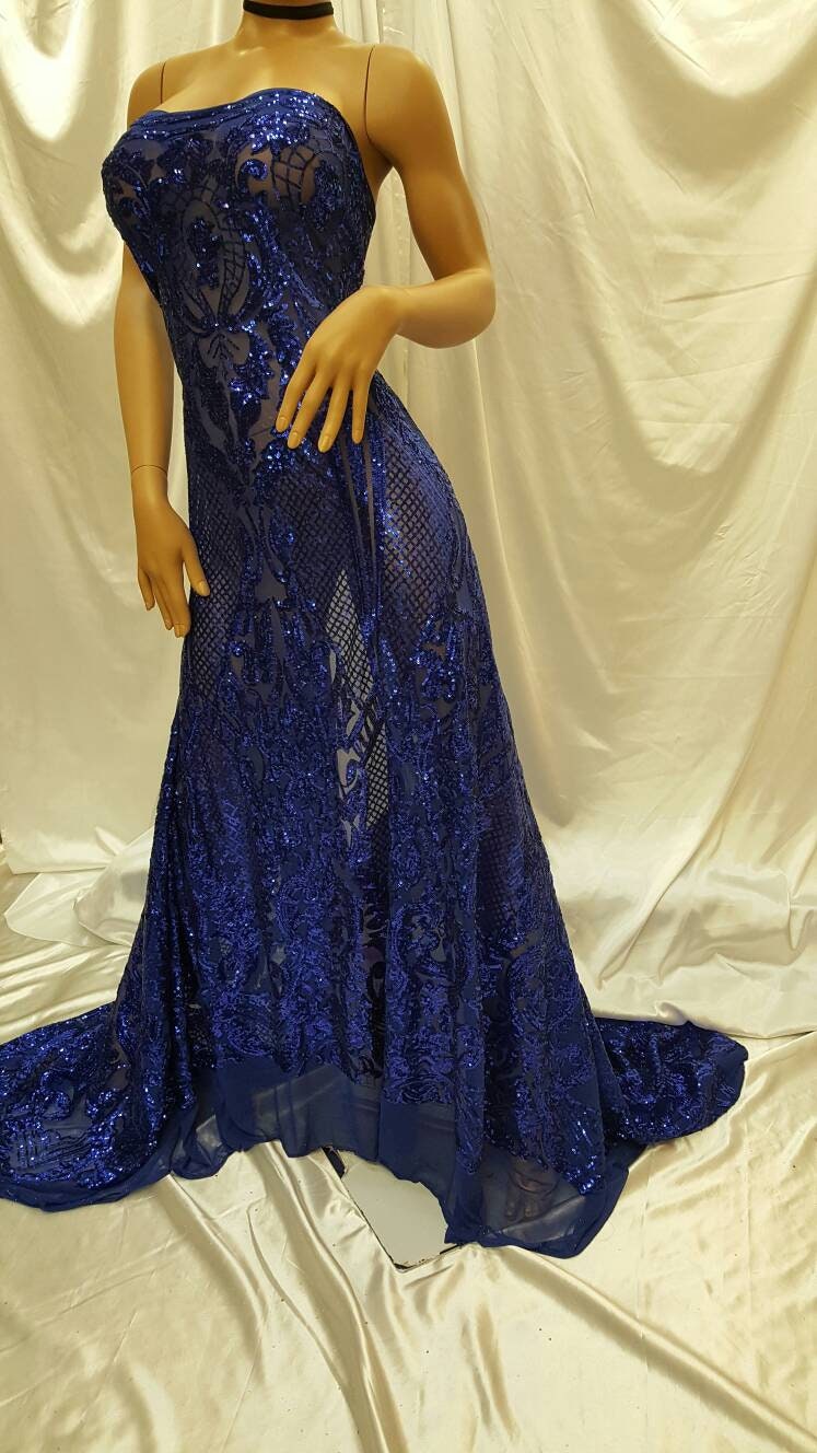 Royal Blue Sequin Lace On Stretch Mesh Prom Fabric Sold By The Yard Vintage Pattern Victoriana Egg Geometric Fashion Dress Bridal Evening Go