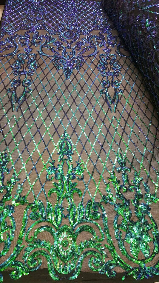 Iridescent Green Sequin Lace Stretch Mesh Iridescent Holografic Geometric Pattern Prom Fabric Sold By The Yard Bridal Evening