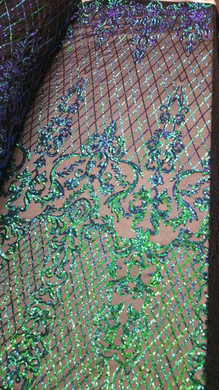 Iridescent Green Sequin Lace Stretch Mesh Iridescent Holografic Geometric Pattern Prom Fabric Sold By The Yard Bridal Evening