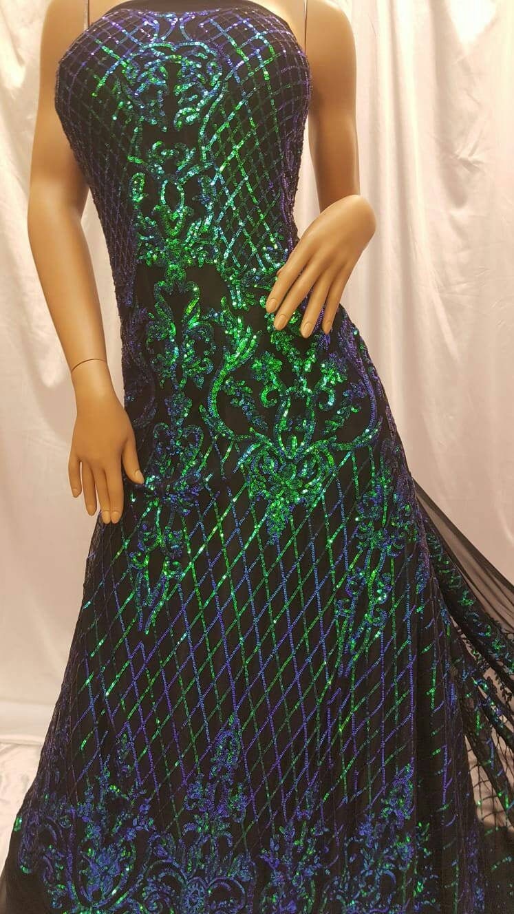 Iridescent Green Sequin Lace Stretch Mesh Iridescent Holografic Geometric Pattern Prom Fabric Sold By The Yard Bridal Evening