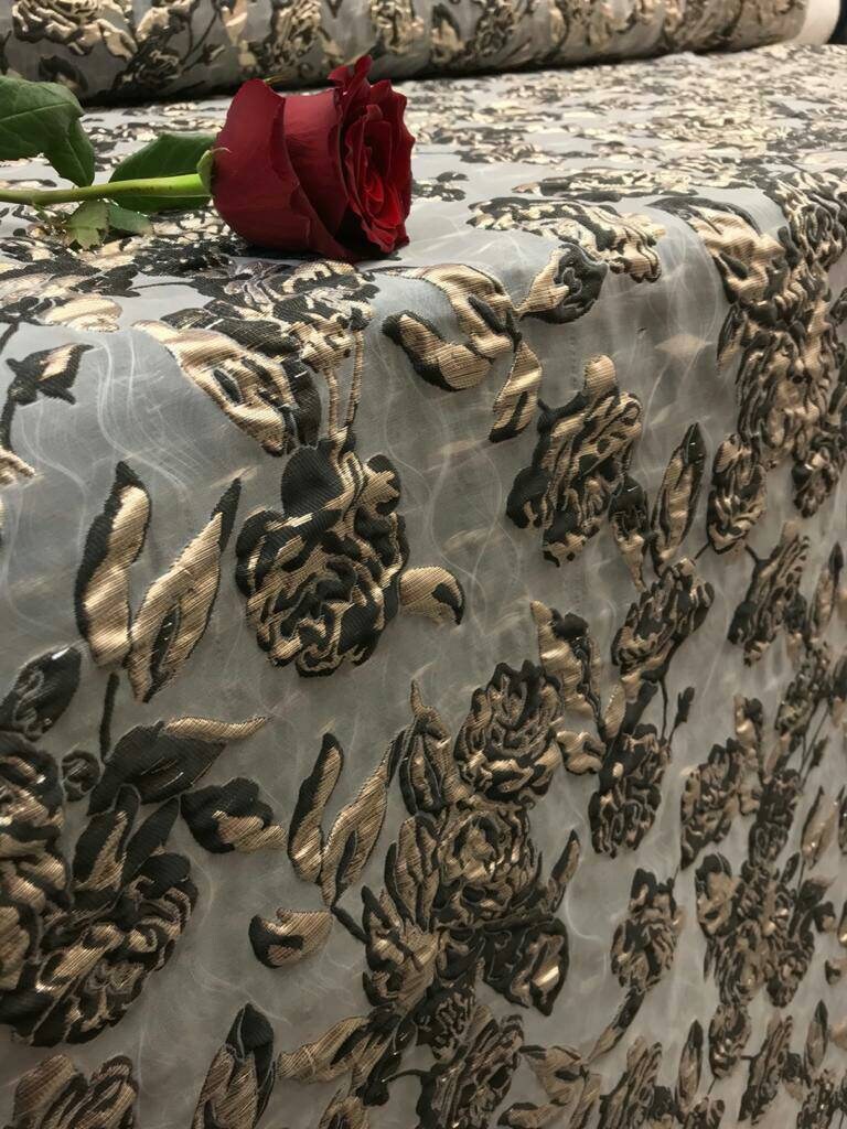 Black and Gold Metallic Brocade Floral Flowers on Off White Jacquard Prom Fabric Sold by The Yard Bridal Evening Dress Fashion New Fabric
