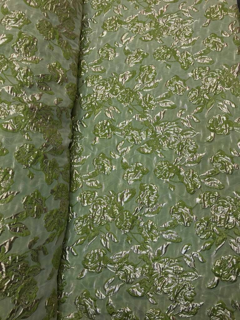 Lime Green Gold Metallic Floral Brocade Jacquard Fabric - Sold by Yard - Gown, Quinceañera, Bridal Dress