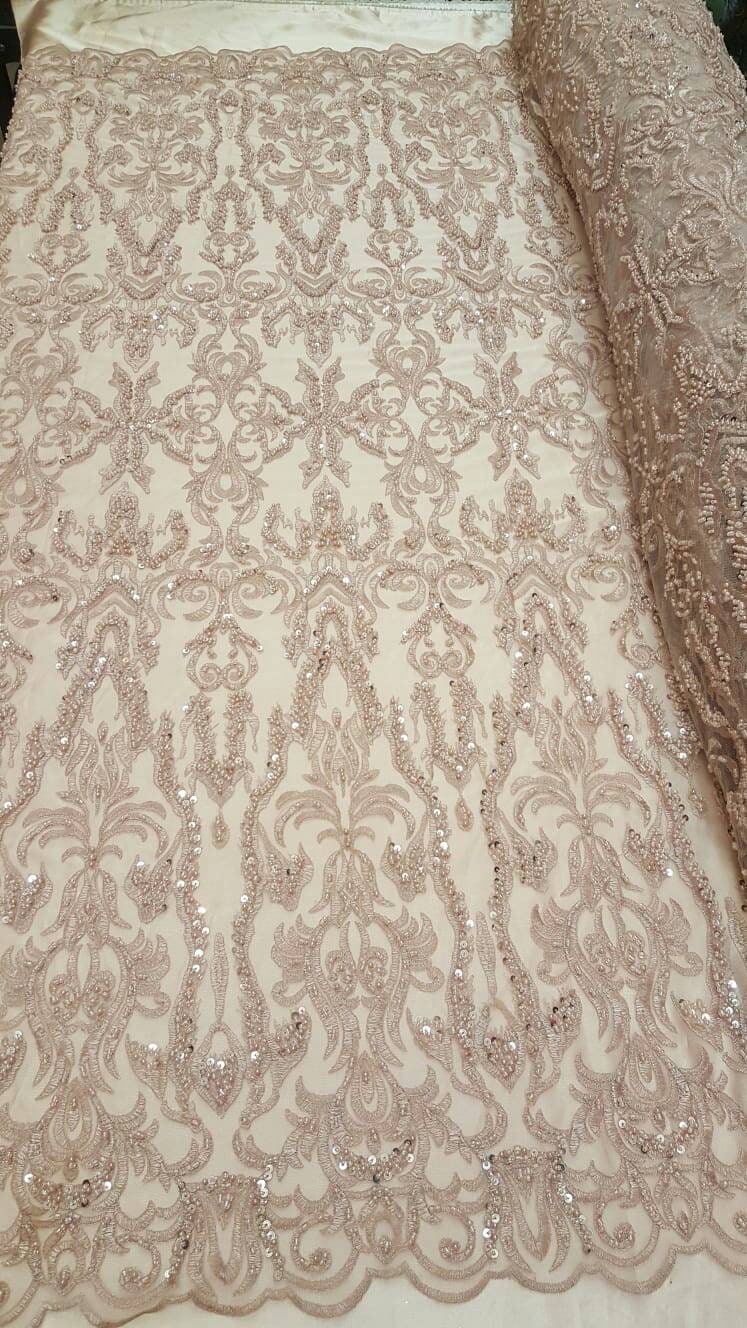 Dusty Rose Hand Beaded Lace Fabric By The Yard Damask Pattern Quinceañera Dress Bridal Evening Gown Fashion Beaded Lace Geometric