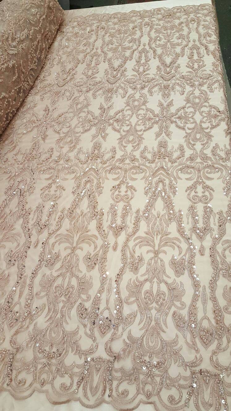 Dusty Rose Hand Beaded Lace Fabric By The Yard Damask Pattern Quinceañera Dress Bridal Evening Gown Fashion Beaded Lace Geometric